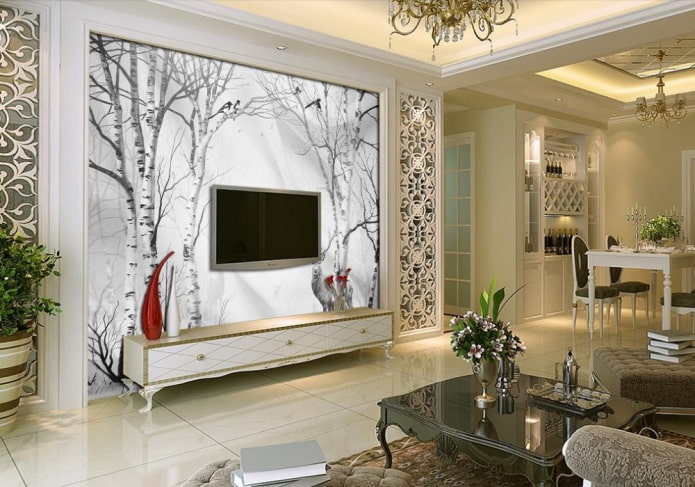 parete dietro la TV decorata con carta da parati fotografica