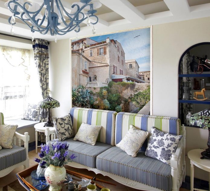 carta da parati fotografica nel soggiorno in stile provenzale