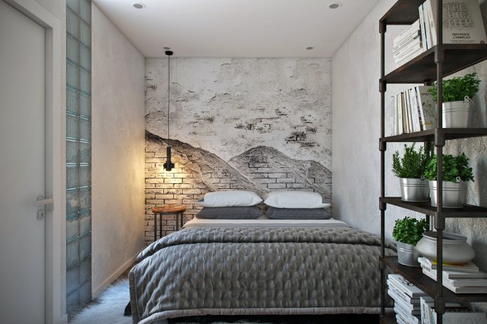 carta da parati fotografica in bianco e nero sulla parete della camera da letto, decorata in stile loft