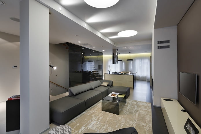 Interno soggiorno grigio in stile high-tech