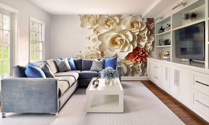 Carta da parati 3D con fiori nell'interno del soggiorno