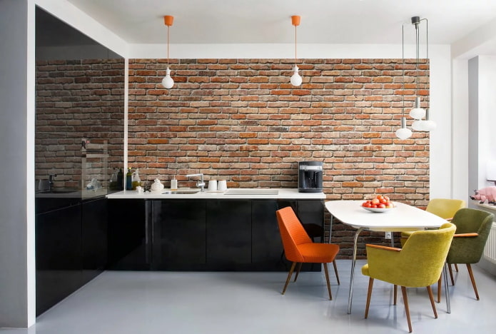 Carta da parati con mattoni 3D per l'interno della cucina