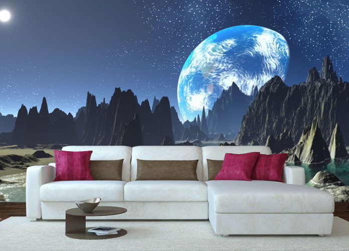 Carta da parati 3D con motivo spaziale per il soggiorno