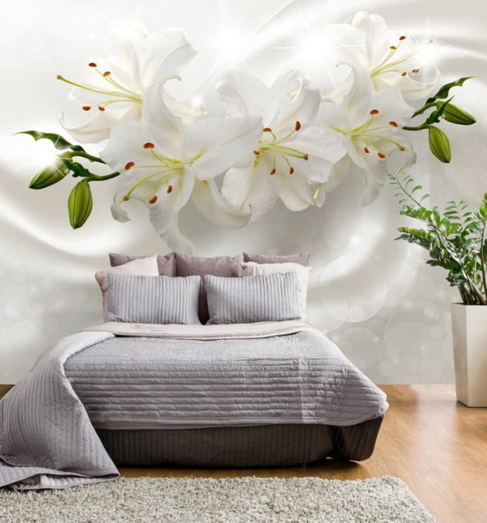 Carta da parati 3D con fiori nell'interno della camera da letto