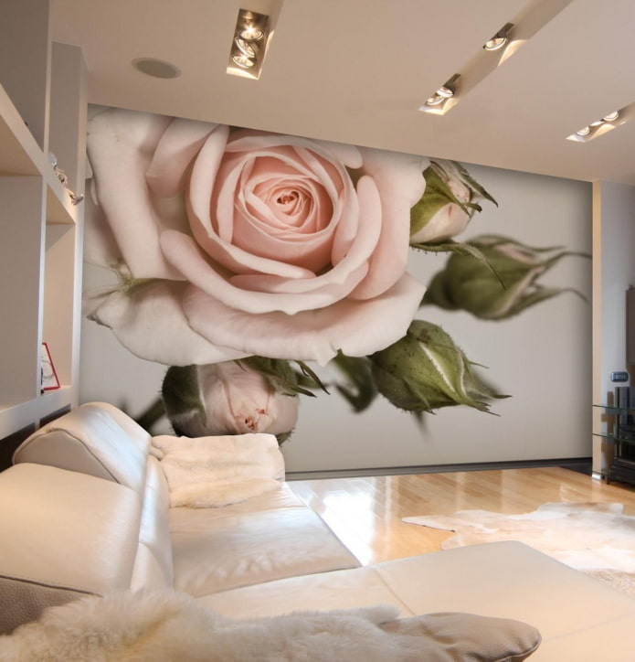 Carta da parati 3D con fiori nell'interno del soggiorno
