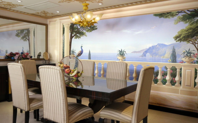 carta da parati 3D con un affresco all'interno della sala da pranzo