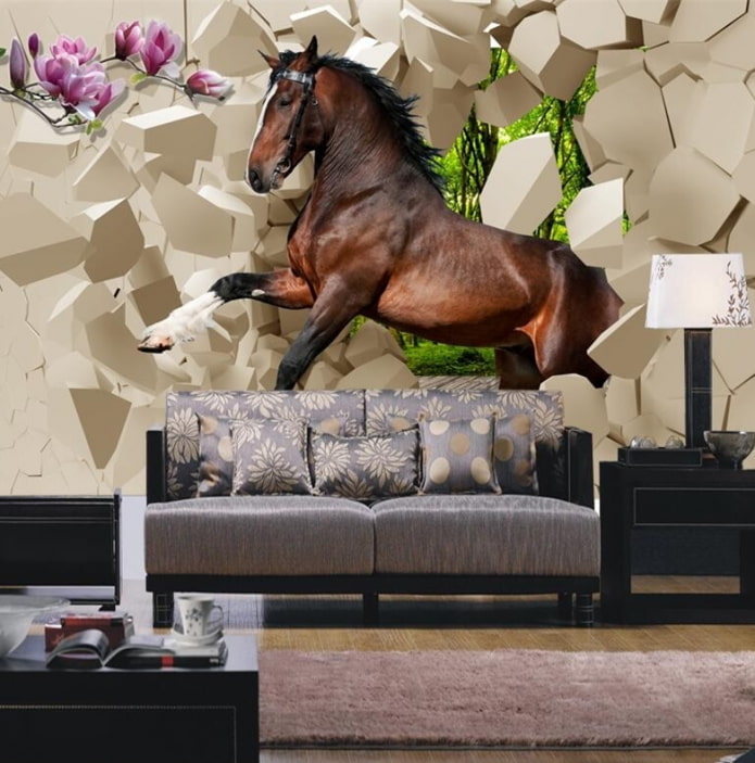 Carta da parati fotografica 3D con un cavallo nell'interno del soggiorno