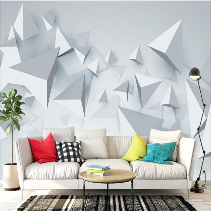 Carta da parati 3D con geometria negli interni del soggiorno