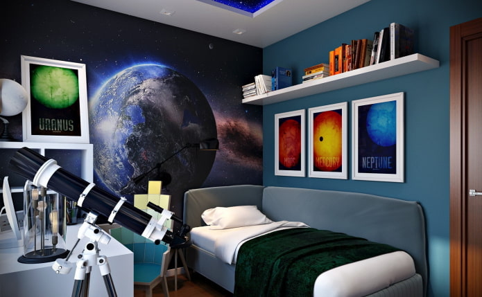Carta da parati 3D con motivo spaziale per la cameretta di un adolescente