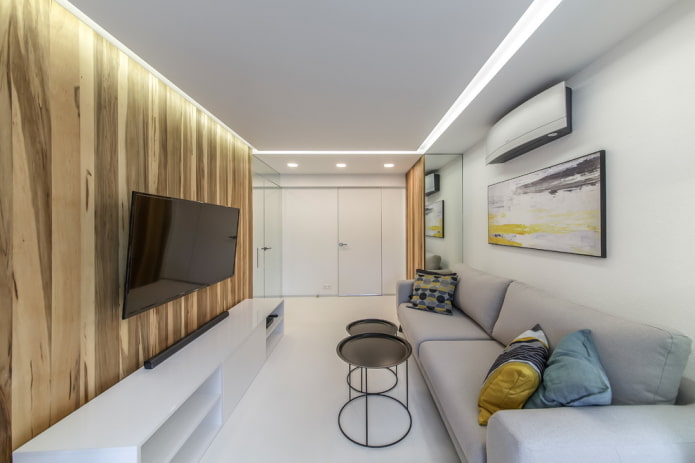 design degli interni del soggiorno nei toni del bianco