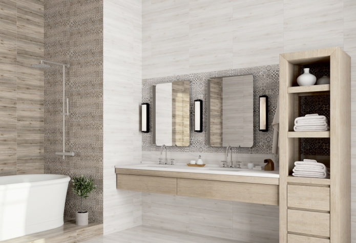 piastrelle effetto legno bianco in bagno