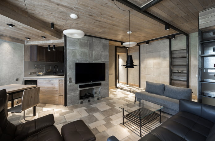 legno e cemento all'interno