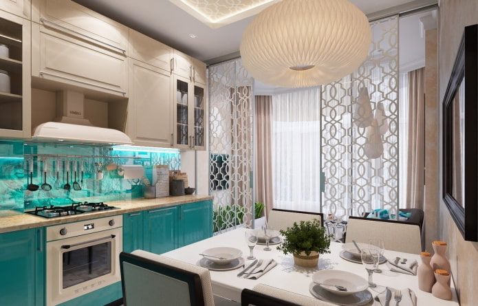 interno cucina beige con accenti luminosi