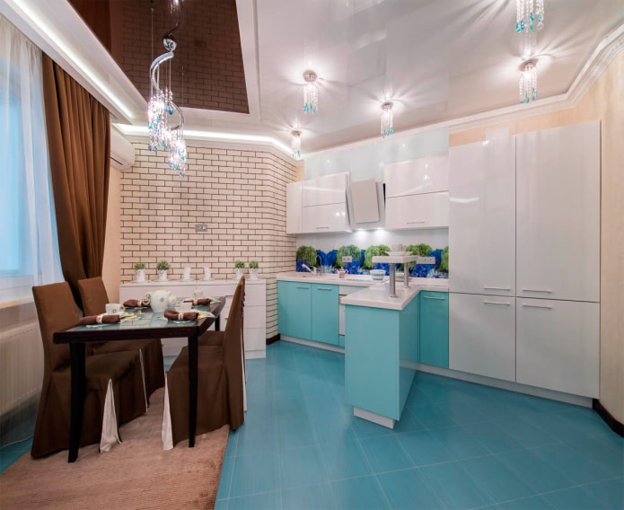 soffitto in un interno di cucina nei toni del turchese