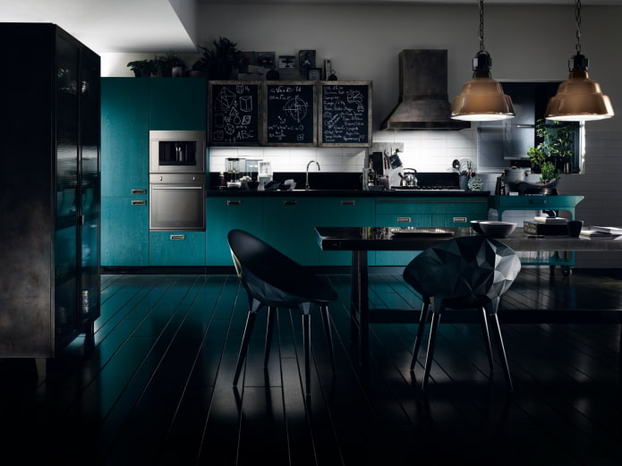 interno della cucina nei toni del nero e del turchese