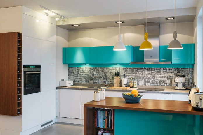 grembiule nell'interno della cucina in colore turchese