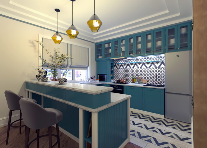 decorazioni e tessuti per l'interno di una cucina turchese