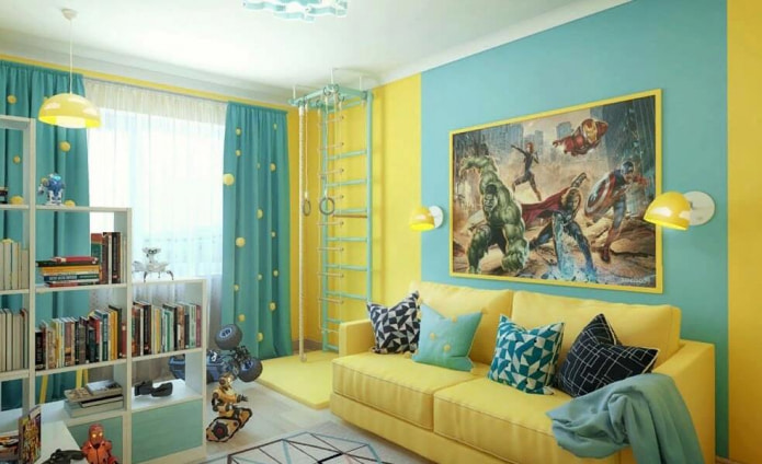 cameretta in una palette giallo-turchese