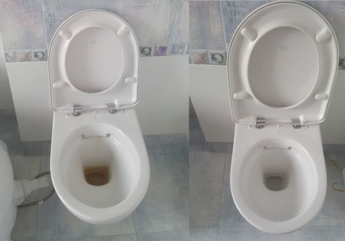 WC prima e dopo la pulizia con soda e aceto