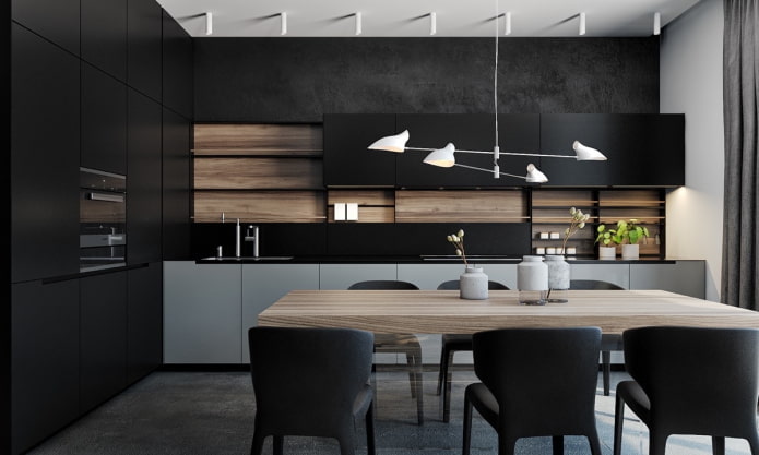 interno della cucina nei toni del grigio e del nero