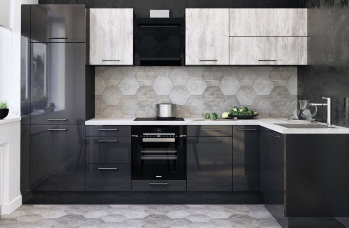 interno della cucina nei toni del grigio e del nero