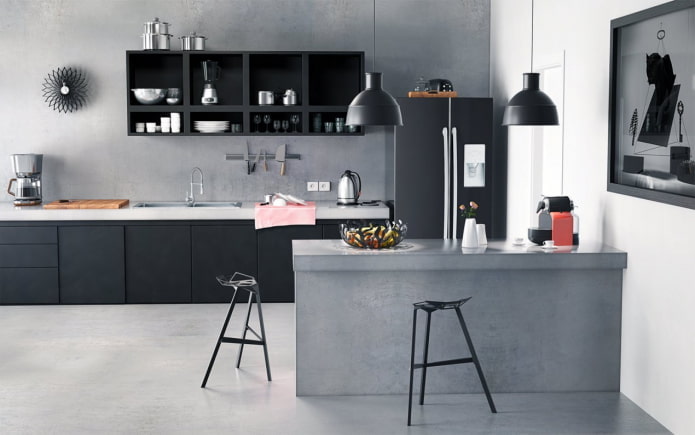 interno della cucina nei toni del grigio e del nero