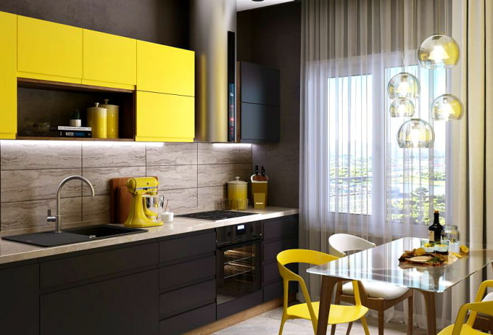 interno della cucina nei toni del nero e del giallo