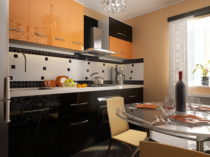 interno della cucina nei toni del nero e dell'arancione