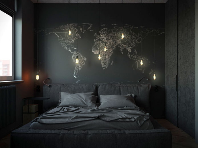 decorazione e illuminazione in camera da letto nei toni del nero