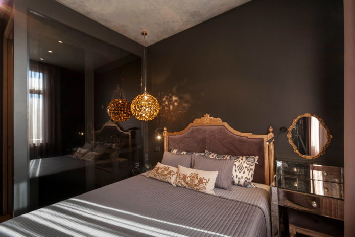 decorazione e illuminazione in camera da letto nei toni del nero