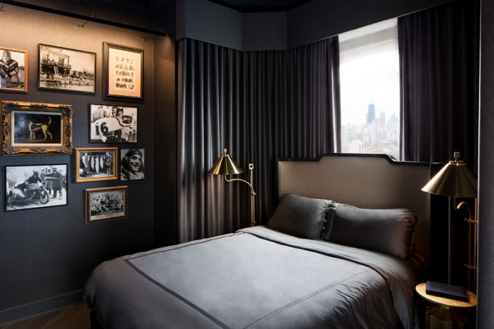 decorazione e illuminazione in camera da letto nei toni del nero