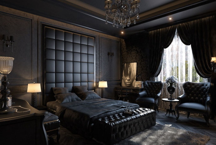 mobili nell'interno della camera da letto nei toni del nero