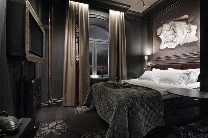 tessuti nell'interno della camera da letto nei toni del nero