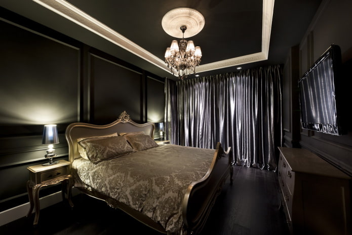 mobili nell'interno della camera da letto nei toni del nero