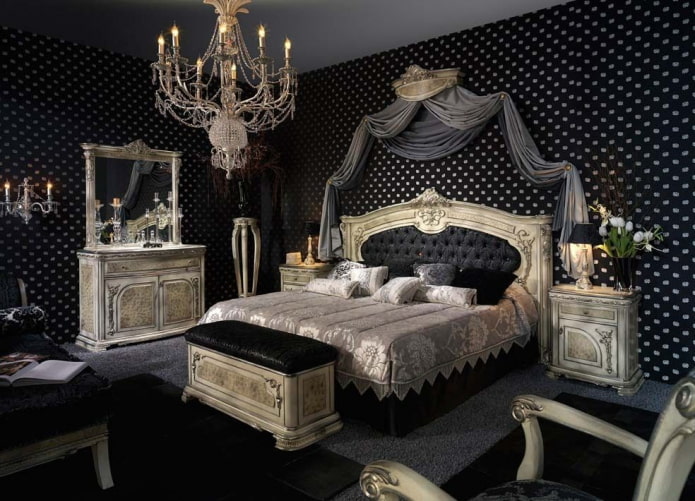 camera da letto nera in stile barocco