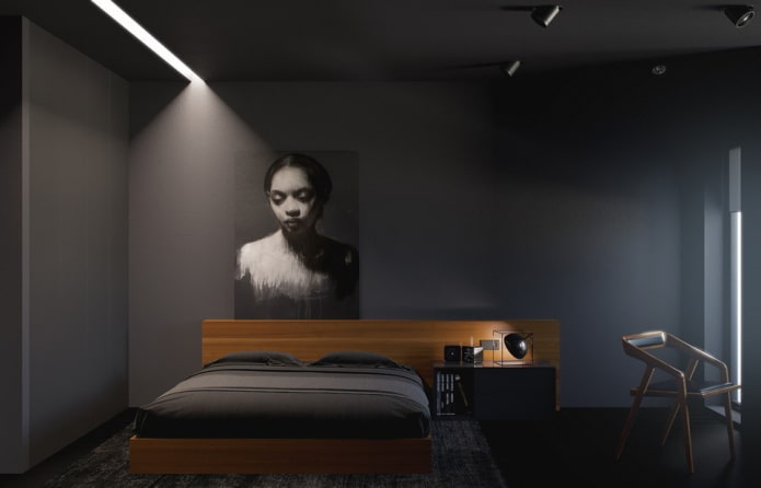 camera da letto nera in stile minimalista