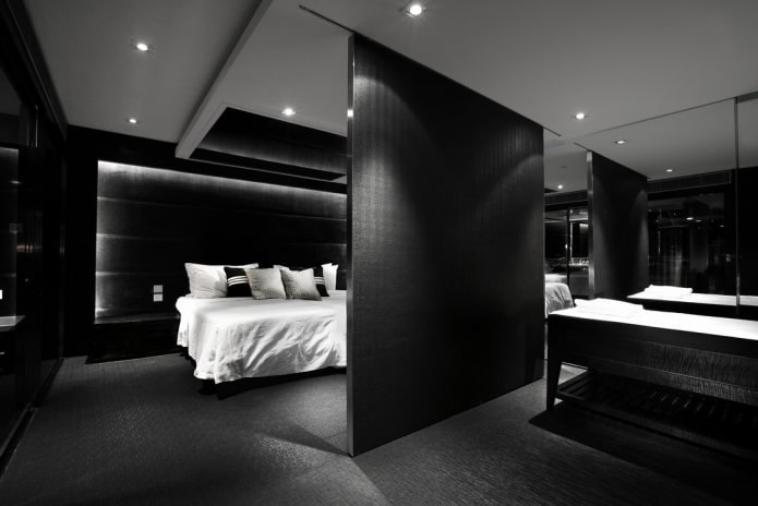 design degli interni della camera da letto nera