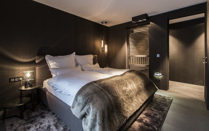 design degli interni della camera da letto nera
