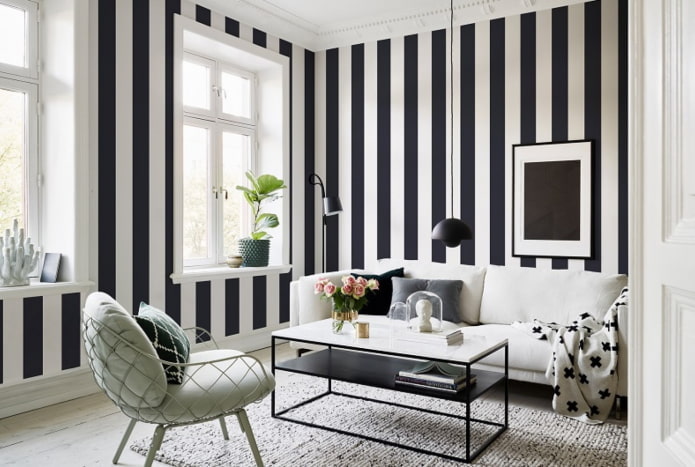 decorazione del soggiorno nei toni del bianco e nero