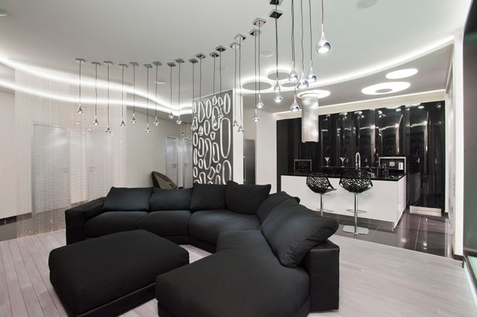 illuminazione e decorazioni per il soggiorno in bianco e nero