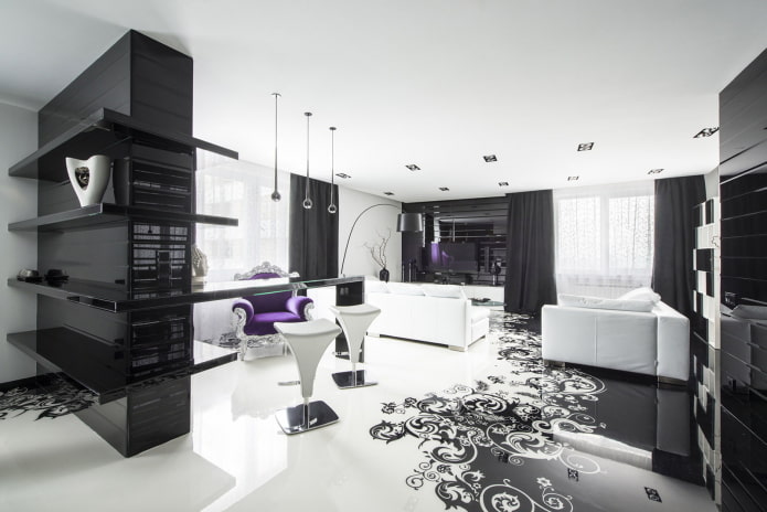soggiorno nei toni del bianco e nero in stile art déco