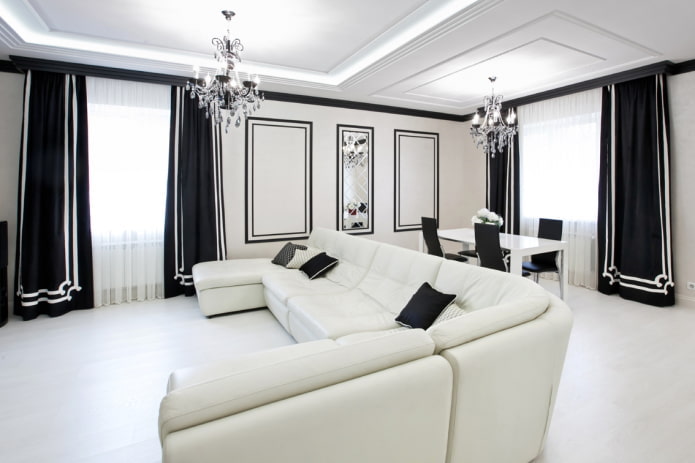 illuminazione e decorazioni per il soggiorno in bianco e nero
