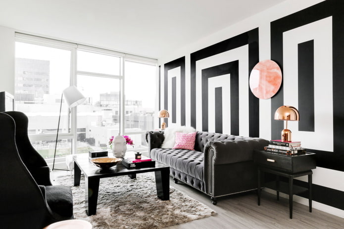 decorazione del soggiorno nei toni del bianco e nero 