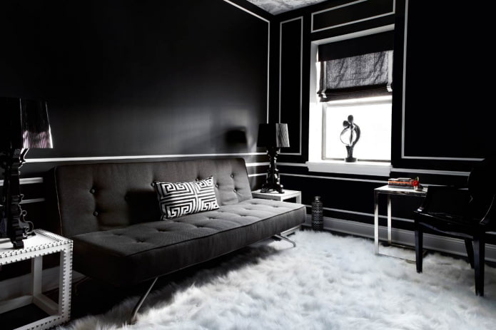 decorazione del soggiorno nei toni del bianco e nero