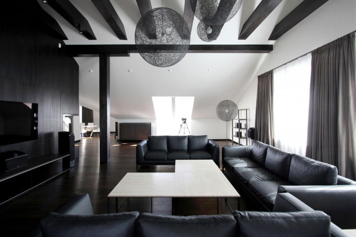 soggiorno nei toni del bianco e nero in stile loft