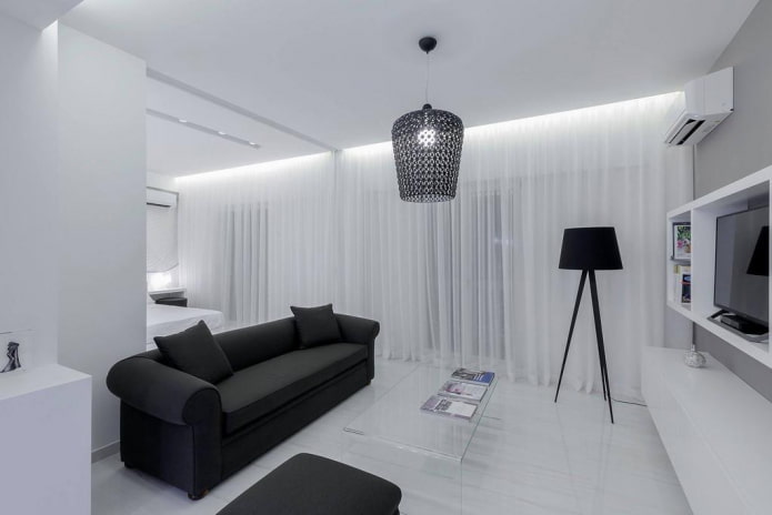 design d'interni per soggiorno in bianco e nero
