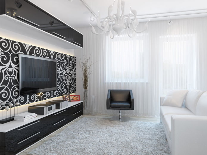 design degli interni del soggiorno in bianco e nero