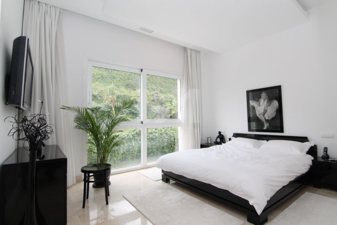 arredamento e illuminazione per la camera da letto in bianco e nero