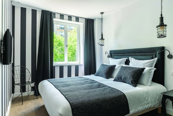 arredamento e illuminazione per la camera da letto in bianco e nero