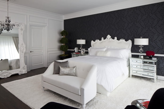 mobili nell'interno della camera da letto nei toni del bianco e del nero